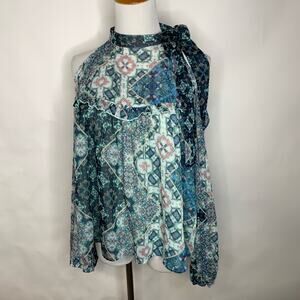 Libby Edelman Blue Sheer Blouse High Neck Cold Shoulder Sz Medium